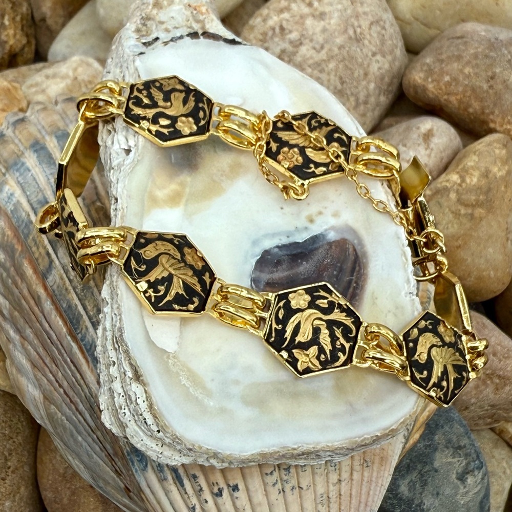 Vintage Toledo Damascene Spain Bird Floral Gold Black Bracelet 7.75”–8” - Picture 10 of 17